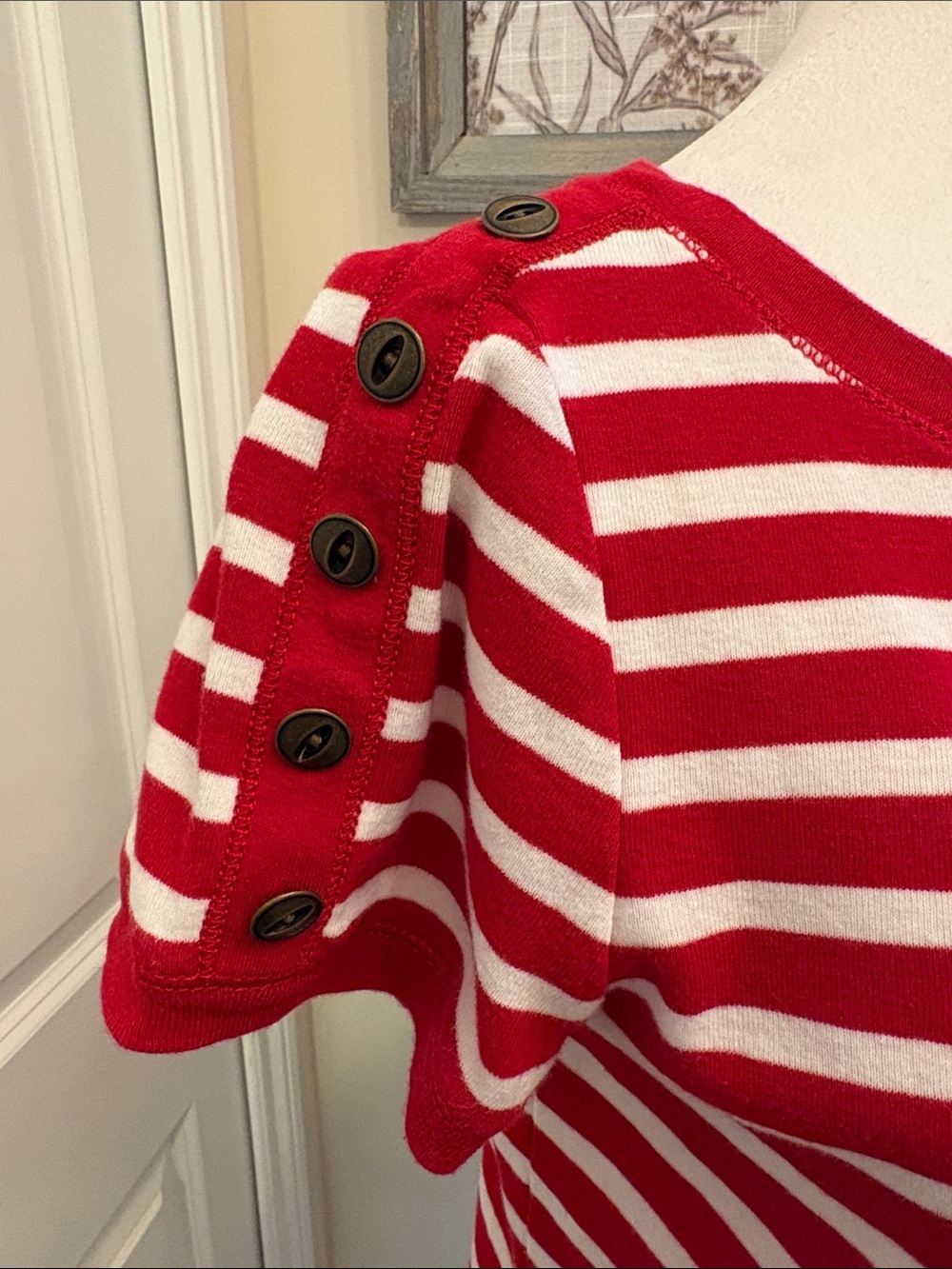Lauren Ralph Lauren Short Sleeve Top Button-Sleeve Medium Red White Striped - Picture 4 of 13